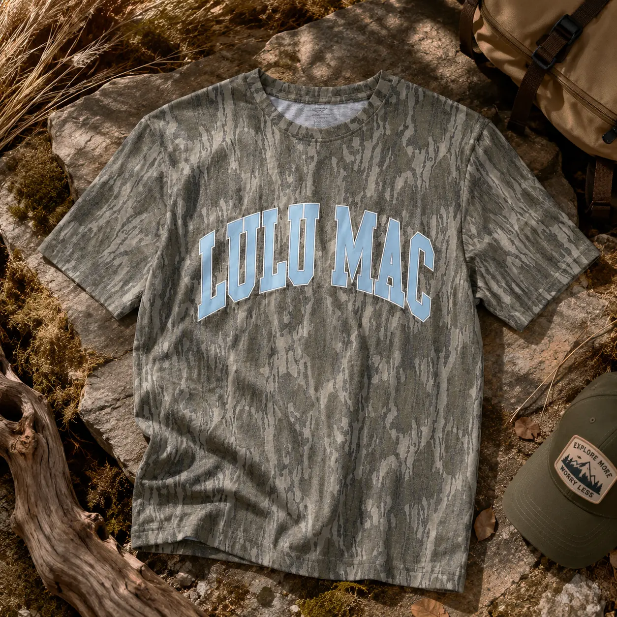 Mossy Oak Camo Lulu Mac Bottomland  Logo Camouflage Washed Out T-Shirt