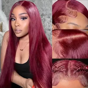 Tuneful 99j Burgundy Straight Lace Front Wigs Human Hair 99j Colored 13x6 HD Transparent Lace Frontal Wigs for Women 180% Density Human Hair Wigs Pre Plucked With Baby Hair