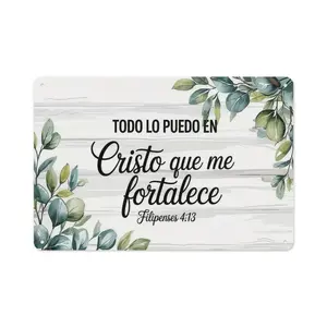 "Todo Lo Puedo En Cristo Que Me Fortalece Filipenses 4:13" Spanish Bible Verse Metal Sign, Eucalyptus Floral Christian Wall Art, 12x8in Decor for Spanish-Speaking Homes, Church, Religious Gift