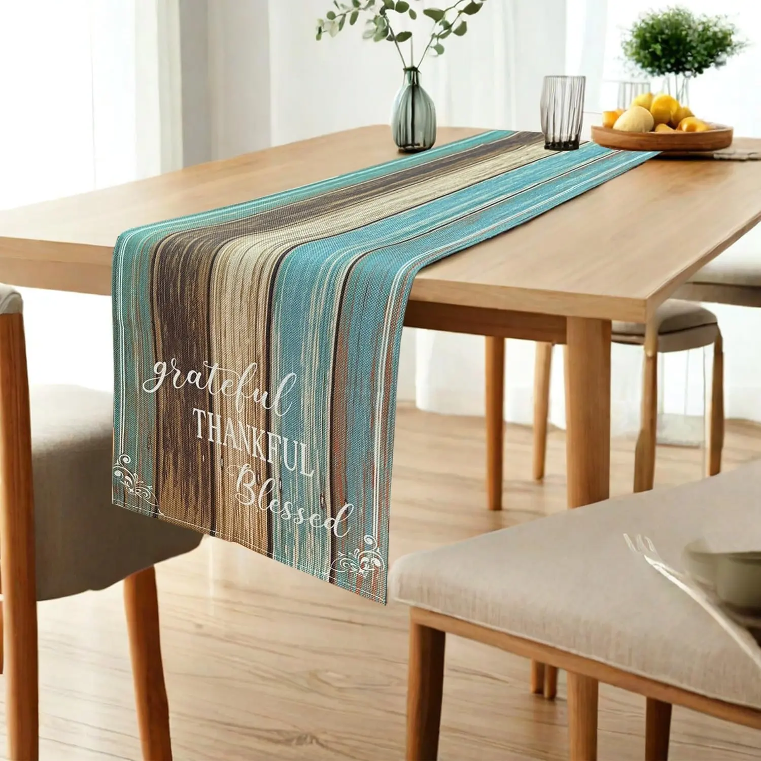 72 Inches Long Farmhouse Teal Table Runner, Brown Blue Green Turquoise Thankful Grateful Blessed Quotes Linen Rustic Table Decor for Dining Room Kitchen Coffee Bar Outdoor