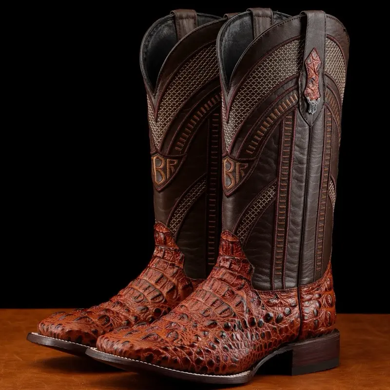 Cognac Caiman Neck PRINT Leather Boots - Square Toe