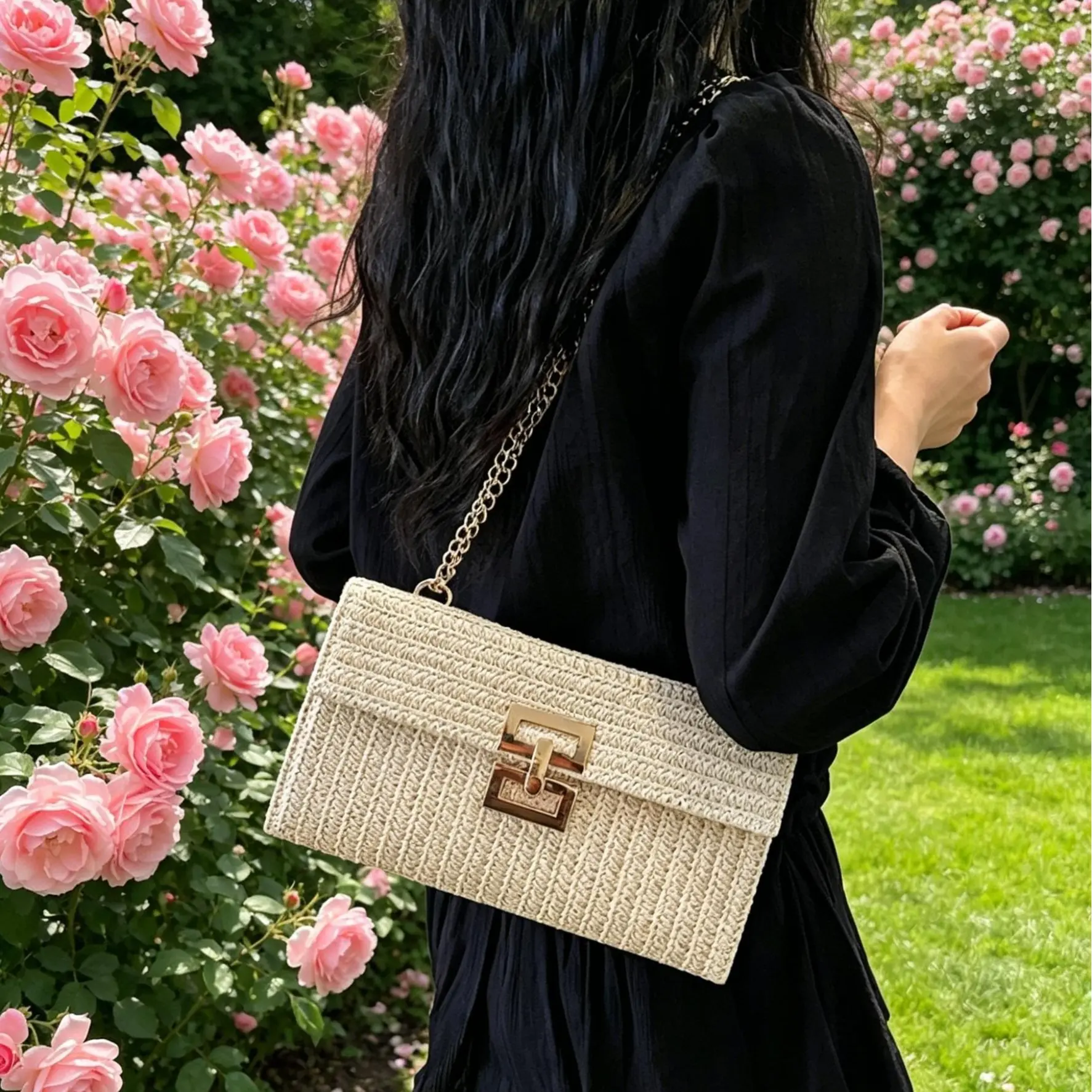 Women's Bamboo/Straw Woven Crossbody Envelope Clutch - Colorful Chain Accent, Flap Closure, Multi-Layer Strap, Casual Vacation Sports & Outdoor Accessory