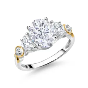 Gem Stone King 925 Silver and 10K Yellow Gold Oval Gemstone Birthstone Half Moon Moissanite and Lab Grown Diamond 3-Stone Wedding Engagement Anniversary Promise Ring For Women | Available In Size 5, 6, 7, 8, 9