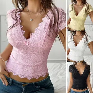 Women's Pink Plain Lace Top, Y2K Fashion Casual Deep V Neck Crop Top for Daily Outdoor Wear, Valentines Day Outfit, Women Clothing for Spring Summer