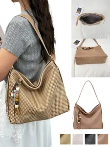 Textile Weave Crossbody Bag, 33x26x13cm, Lightweight 0.39kg, Boho Bead Pendant, 4 Color Options, Ideal for Casual & Commute