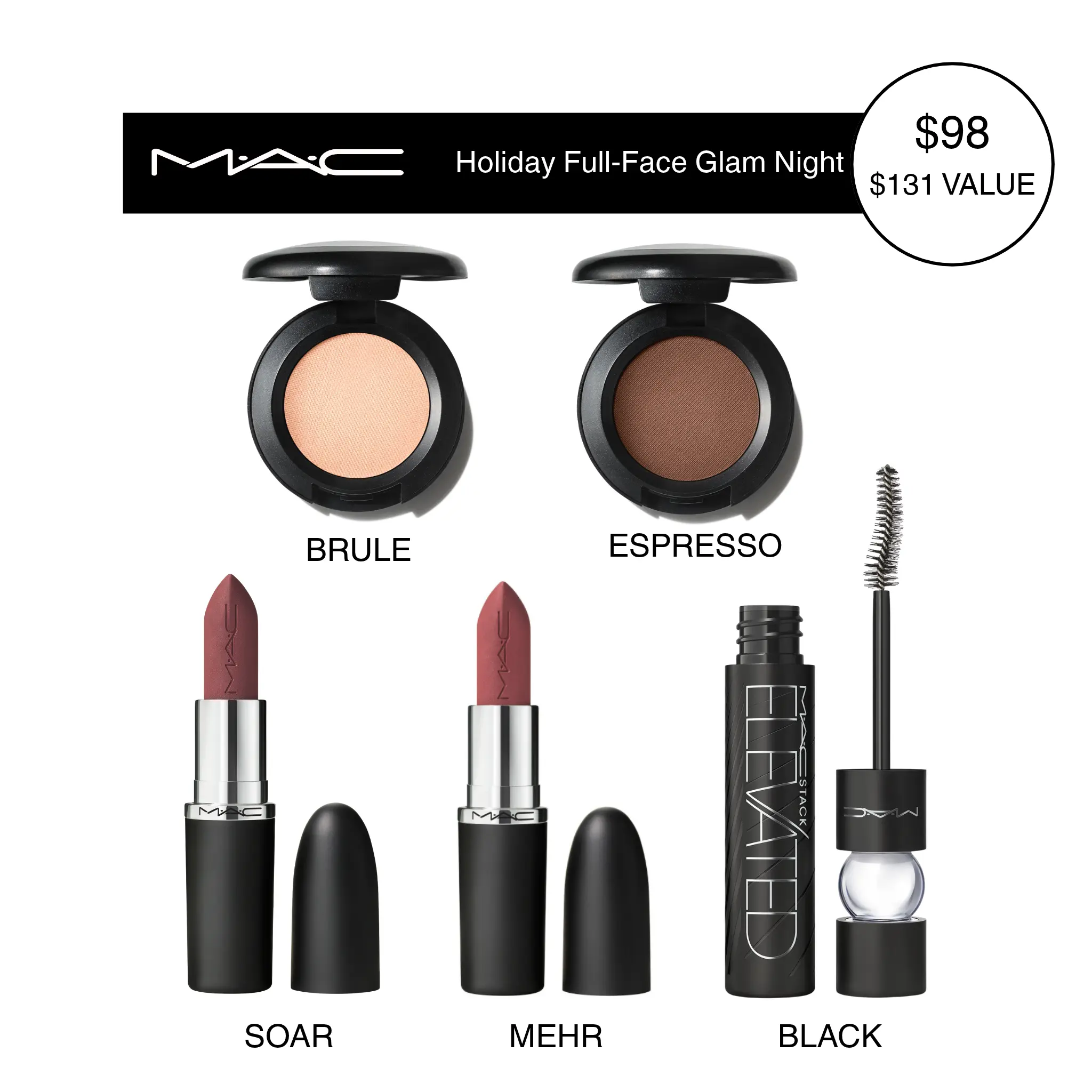 MAC Holiday Full-Face Glam Night | M·A·Cximal Silky Matte Lipstick + Small Eye Shadow + M·A·CStack Elevated Mascara MAC Holiday Full-Face Glam Night | M·A·Cximal Silky Matte Lipstick + Small Eye Shadow + M·A·CStack Elevated Mascara