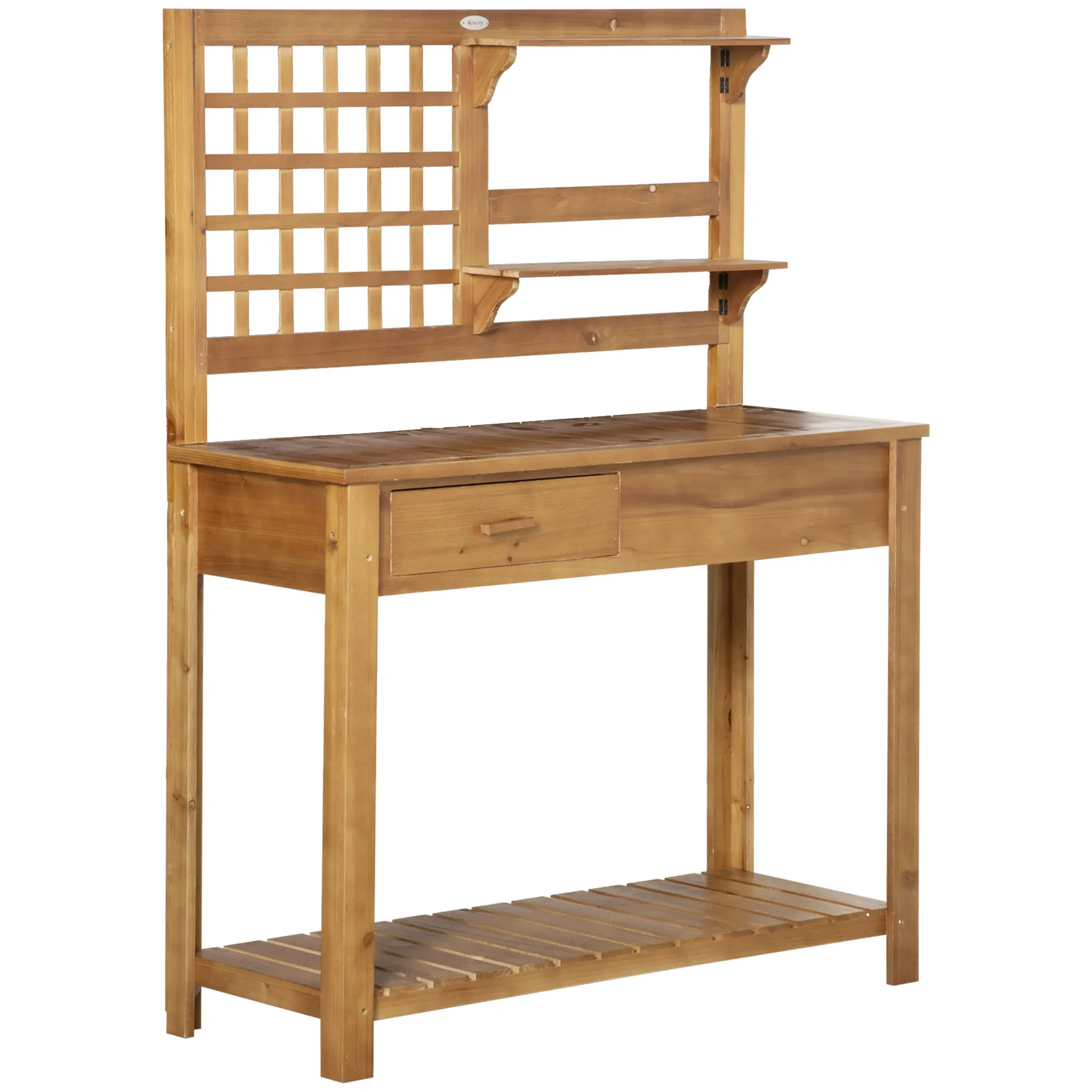 Outsunny Solid Fir Wood Potting Bench - Brown Garden Workstation with 41.25" W x 16.5" D x 55.75" H Large Tabletop (110lb Capacity), Mesh Grid, Multi-Storage Tiered Shelves, Drawer, Vine Holder, Backboard, Lattice Back for Patio, Courtyards