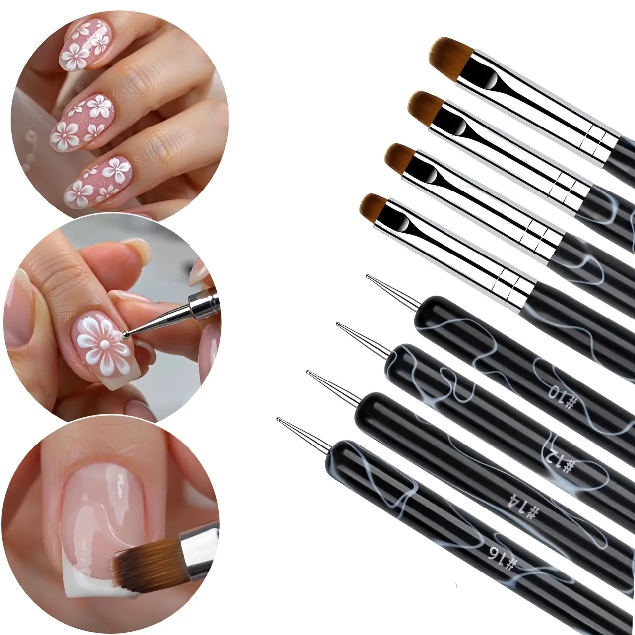 French Manicure Nail Brush Set (4 Sizes), Double-Ended Nail Art Brushes with Dotting Tools for Gel & Acrylic, Precision Detail & Clean-Up Brushes, Nail Art Equipment