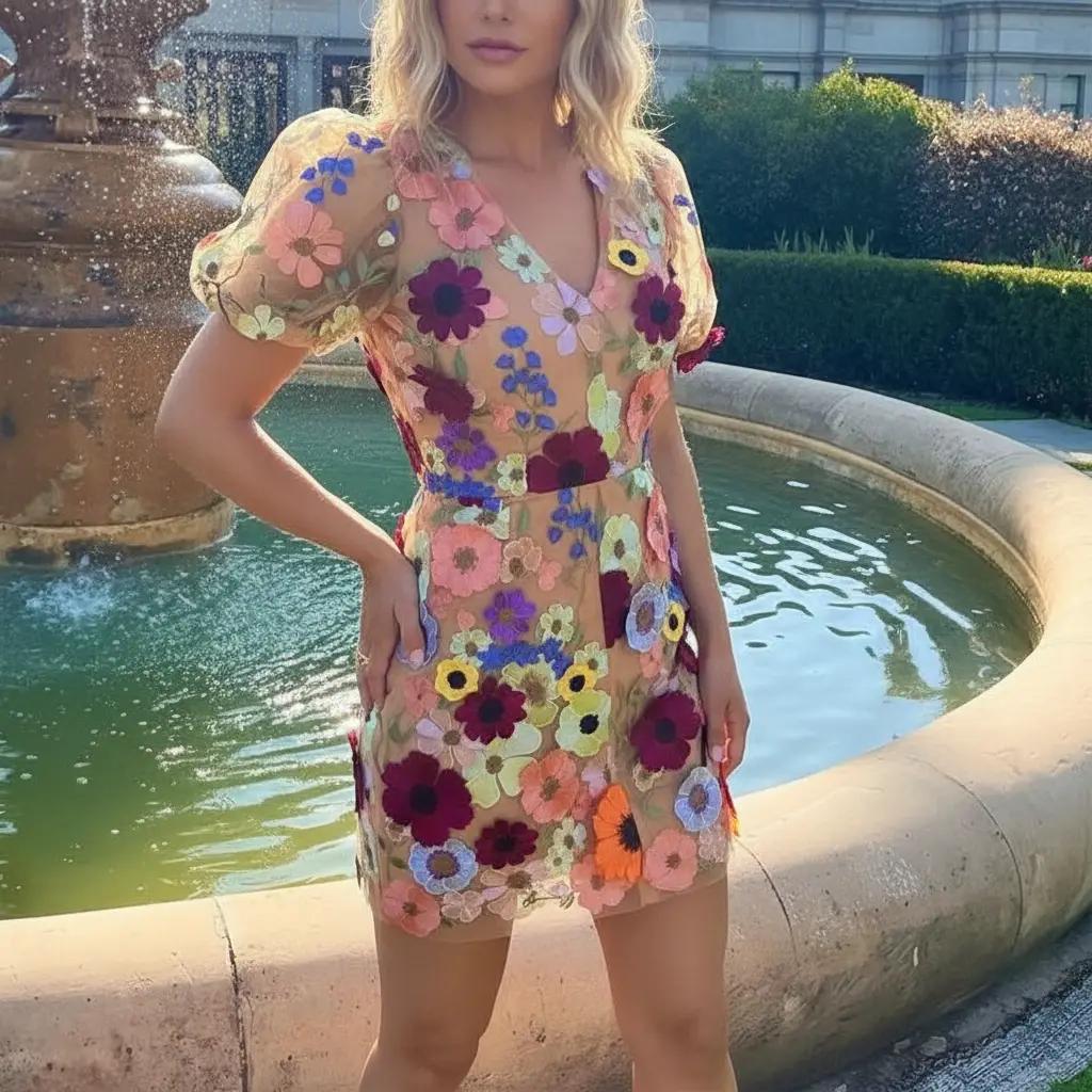 Women's Summer 3D Floral Embroidery Dresses Puffy Sleeve Tulle V-Neck Lace Mesh Mini Dress