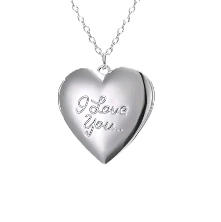 Heart-Shaped Locket Necklace with "I Love You" Engraving, Silver Color, Chain Included, Perfect for Gifts