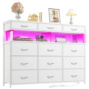 RaybeeFurniture Dresser for Bedroom with 12 Drawers, Dresser with LED & Charging Station, 38.6''H Dressers & Chests of Drawers with 10mm Sturdy Acrylic Sheet, for Bedroom, Closet, Entryway