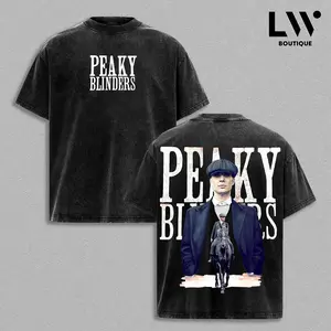 90s Retro Peaky Blinders Graphic Tee - Black Acid Wash Thomas Shelby Skull Shirt - Premium Heavyweight Boxy Fit Razor Blade Merch