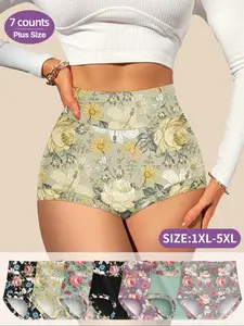【Plus Size】 Floral Patchwork Print High Waist Panty, Casual Comfy Breathable Knicker for Daily Wear, Women's Underwear for All Seasons