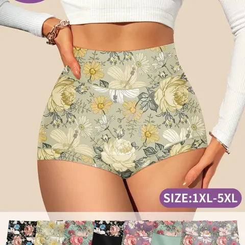 7-Pack MEIYATING Plus Size High-Waist Underwear for Women, Tummy Control Butt Lift, Floral Patchwork Design, Comfortable Fit, Belly Control Underwear, High Waisted Underwear