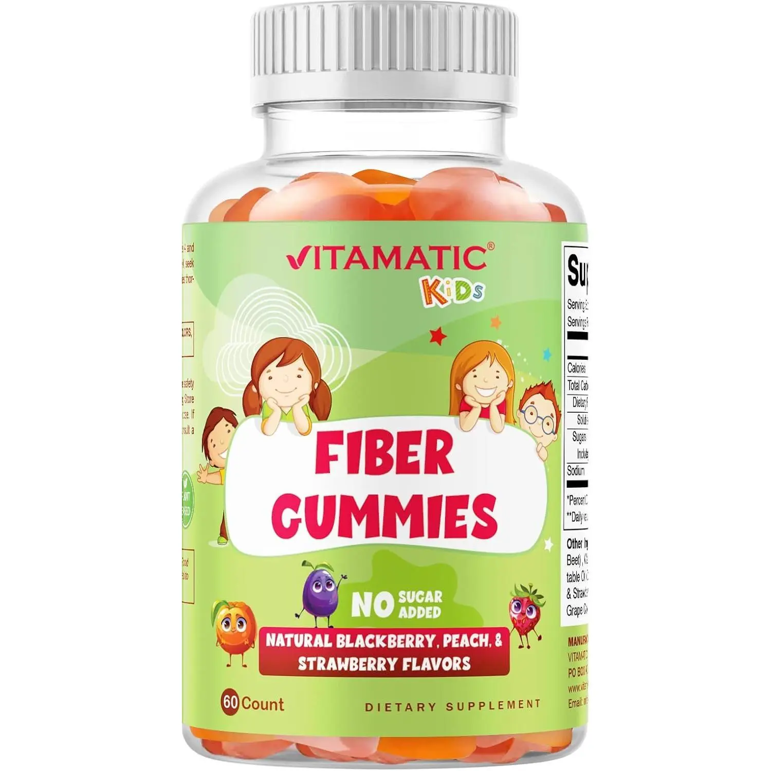 Vitamatic Kids Prebiotic Fiber Gummies – Extra Strength 4g Fiber – Zero Sugar Added – 60 Pectin-Based Gummies – Digestive Health & Regularity Support