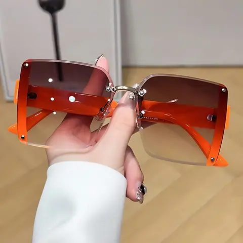 Women's Vintage Ombre Tinted Lens Sunglasses, Fashionable Sunglasses, Trendy Casual Rimless Modern Sunglasses for Everyday Use, Fashion Accessories for Outdoor Activities, Rimless Metal Sunglasses