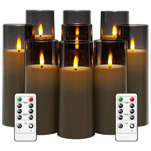 Flickering Flameless Candles  Operated with Remote and 2/4/6/8 H Timer Plexiglass Led Pillar Candles Pack of 9 (D2.3 xH 5" 6" 7") with Realistic Moving Wick Candles for Home Decor(Grey)