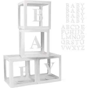 Boxes with 42 count Letters for  Shower Transparent Balloon Boxes Clear Balloon Box Blocks for Boy Girl  Party and Birthday Party (White)