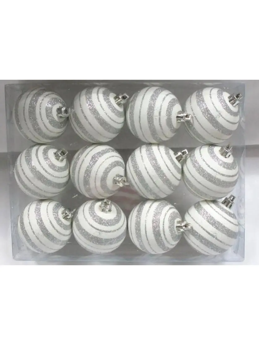 12-Pack Traditional Silver & White Line-Design Ball Ornaments for Festive Tree Decor, Home Party Use (Home & Festive Party Supplies), Trees