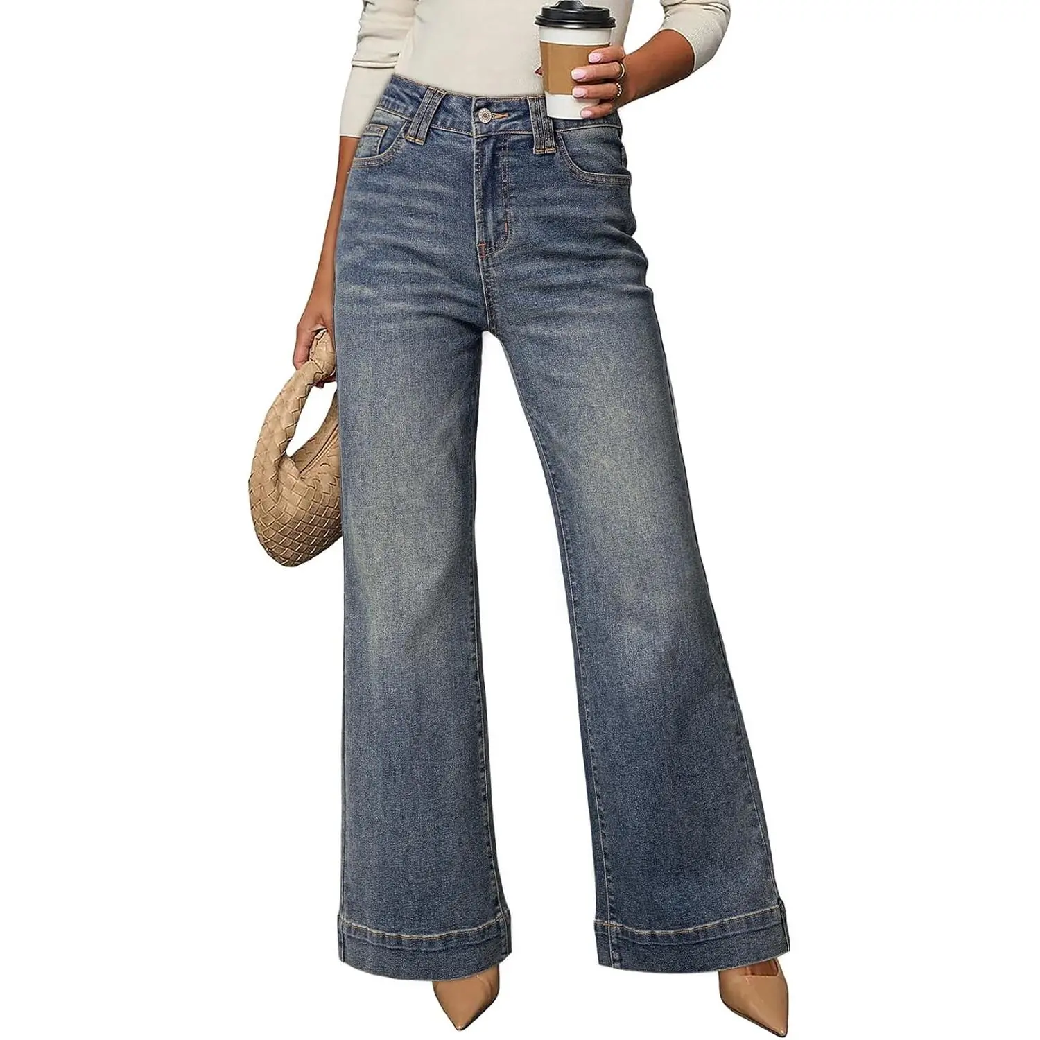 Dokotoo Women's Wide Leg Baggy Flare Jeans High Waisted Stretch Casual Denim Pants with Pockets