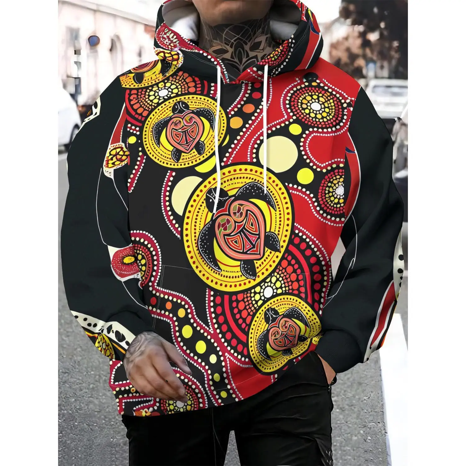 Men's Fashion Hooded Sweatshirt, Black with Red Turtle and Multicolor Polka Dot Print, Casual Versatile Long Sleeve Loose Pullover