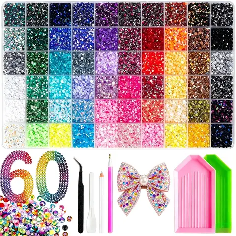 Multicolor 60-Color 3mm 60000Pcs Resin Gems Bedazzled Kit with Tools, Strong Adhesion Easy-Apply Flatback Rhinestones, Nail Art Supplies - Christmas Gifts for Women's Jewelry