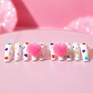 Heart Candy Nail Set - Custom Set of 10 Handmade Press On Gel-X Nails Magnetic Removable 3D Puff Heart - Nails with Colorful Heart Designs for Stylish Manicures