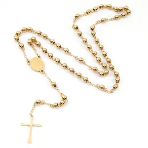 2025 New vintage 4mm golden stainless steel rosary cross necklace Sweater necklace gift