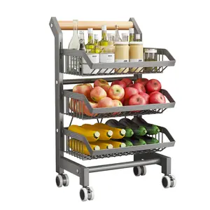 egetable Storage Rack, 3 Tier Heavy Duty Kitchen Trolley on Wheels with Wood Handle, Steel Fruit Basket Stand & Organiser for Onion, Potato, Pantry, Bathroom & Laundry 42 x 32 x 69 cm