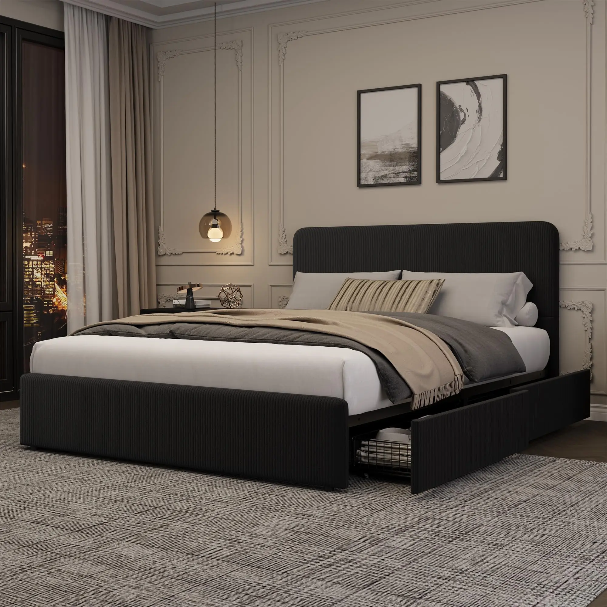 Full/Queen Bed Frame  Fully Upholstered Platform Headboard Bed Frame w/ Storage Drawers, No Box Spring Needed, Noise‑Free, Strong Wooden Slats Support, Easy Assembly