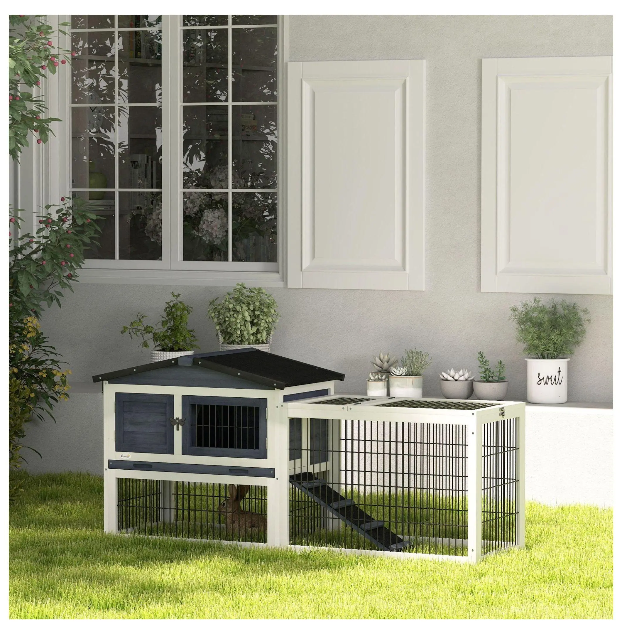 59" Outdoor Rabbit Hutch - 2 Level Wood Rabbit Cage - Dark Gray - Large Animal Shelter with Open Top & Tray