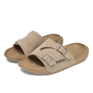 Khaki Men's Adjustable Buckle Slides, Soft Non-Slip EVA Slippers, Breathable Casual Summer Beach Sandals