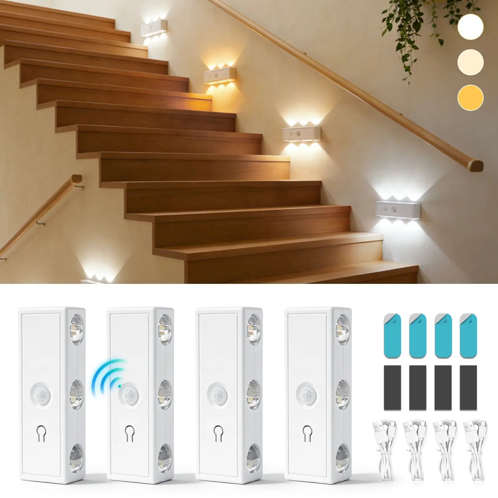 USB Rechargeable Motion Sensor Wall Light, Six-Head LED Wall Lamp, Magnetic Installation, Three Color Lights, Home Living Room Bedroom Stairs