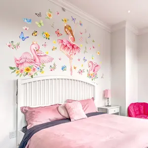 A set (30*90cm*3pcs) of new-style Wall stickers featuring swans, flowers, and butterflies for girls who practice ballet, used for beautifying and decorating bedroom and home backgrounds, M11080
