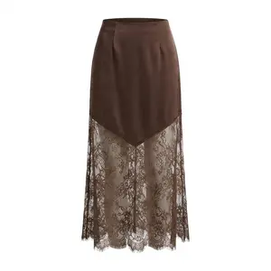 Women's High Waist Lace Patchwork Maxi Skirt, Elegant A-Line Flowy Long Skirt with Lace Trim, Boho Casual Party Beach Vacation Skirts