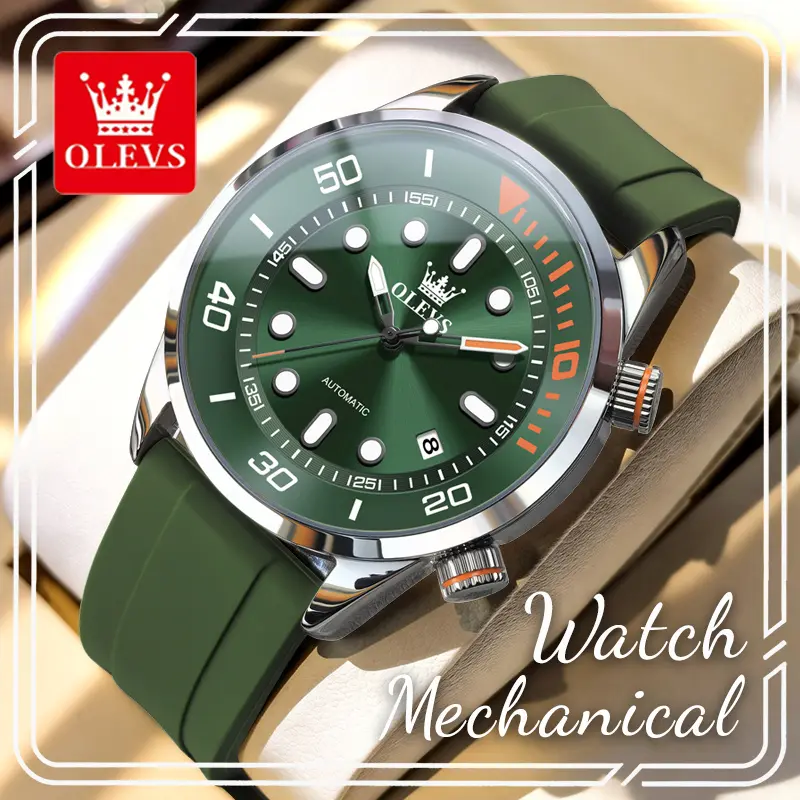 OLEVS 6751 Men's Minimalist Sports Automatic Mechanical Wrist Watch, Dive Style Watch, Soft Comfortable Silicone Strap, Luminous Round Hour Markers, Single Date Window, 3ATM Water Resistant Precise Timekeeping Outdoor Casual Wristwatch