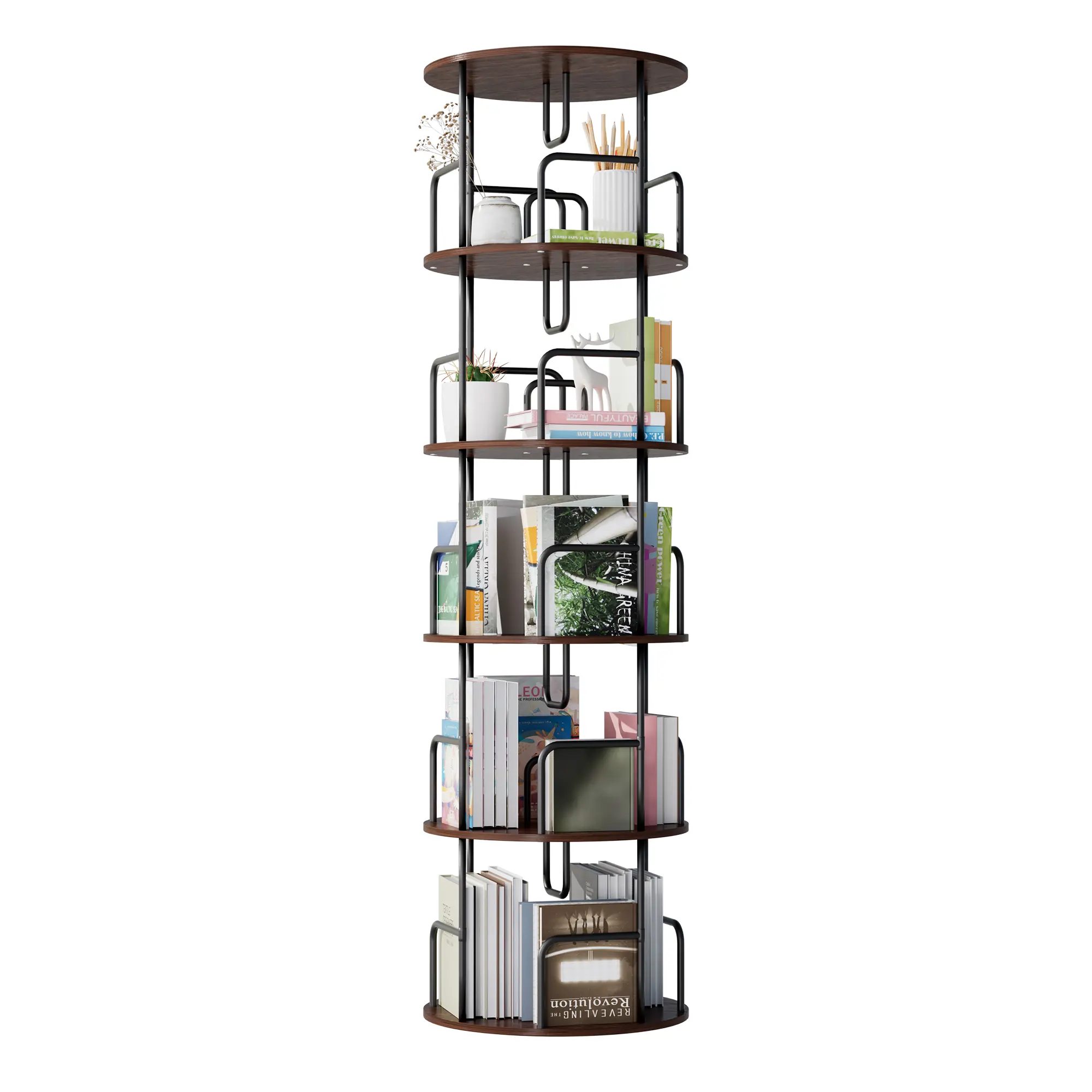 5-Tier 360° Rotating Bookshelf Tower - Narrow Tall MDF+Iron Metal Frame Room Decor Organizer, Adjustable Round Vertical Storage, Easy Setup for Bedroom, Living Room (Black + MDF+Iron, Brown, White, No Fire Safety Label)