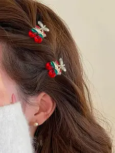 Elegant Sweet Cherry Mini Hair Clips Set of 2, Side Bangs Accessories, College Style Hair Decorations, Daily Wear and Valentine's Day School Look