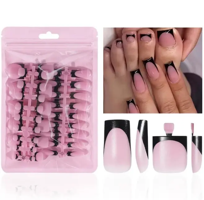 60Pcs Black French Tip Press on Nails & Press on Toenails Set, Square Press on Nails Medium Fake Nails Black French Press on Toenails Full Cover Stick on Press ons for Women