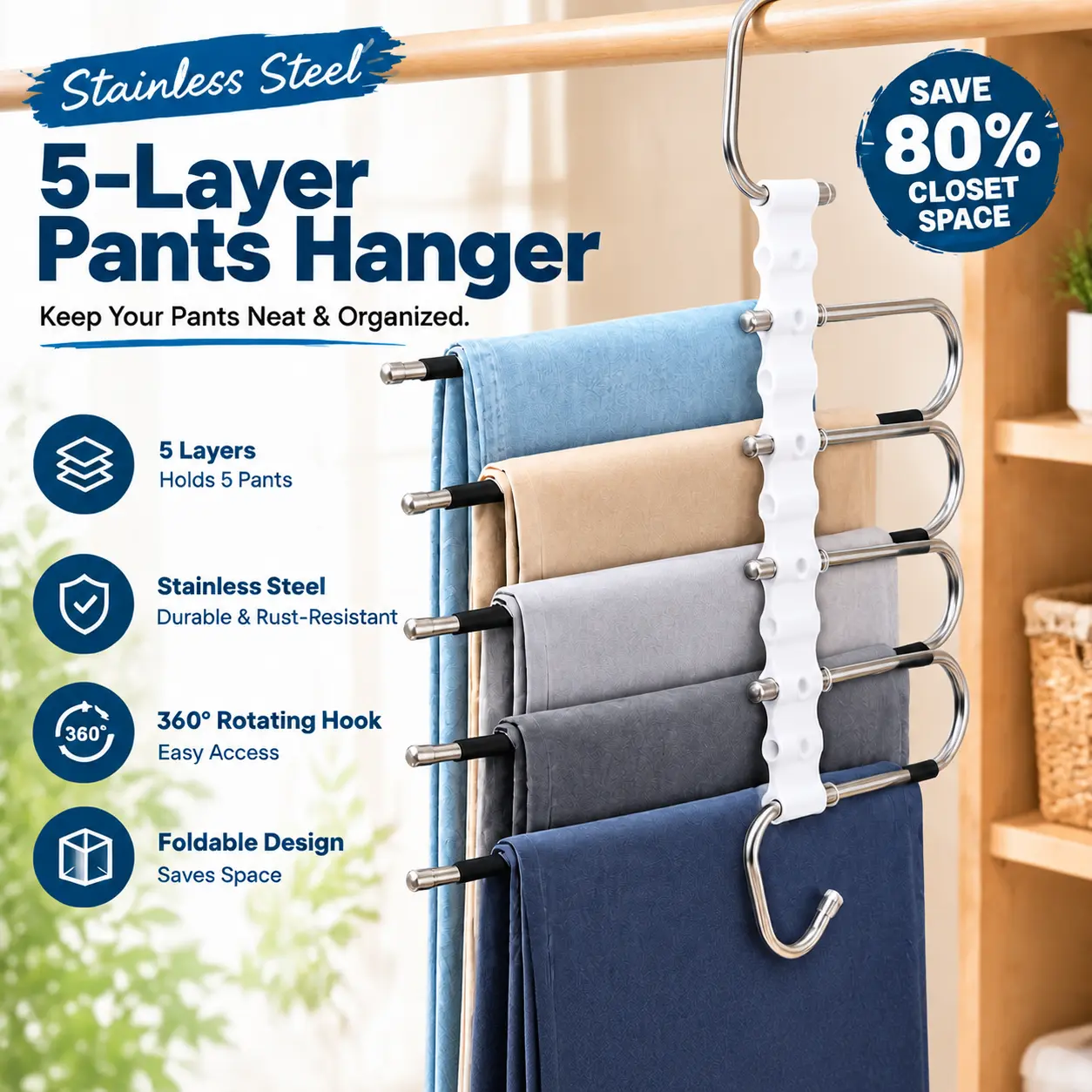 5-Layer Stainless Steel Pants Hanger, Space-Saving Closet Organizer for Jeans, Trousers & Slacks, Non-Slip Clothes Storage Hanger