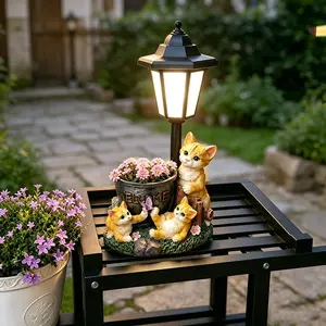 Solar outdoor cat statue for garden—includes planter decoration and solar lantern; suitable for yard floor lighting, lawn art decor, porch, terrace, balcony — a creative gift for women, mothers, and grandmothers.
