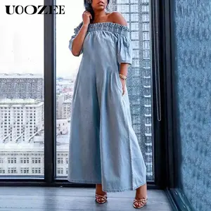 UOOZEE 2025 Women's loose short-sleeved pleated solid color split elastic summer elegant elastic off-shoulder jumpsuit with pockets, thin denim fabric, suitable for many occasions