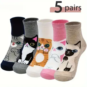 5Pairs Cartoon Cat Print Socks Set, Comfortable Cute Novelty Short and Crew Socks for Women, Polyester and  , Machine Washable, Knitted Fabric, Age 14+ fluffy sock Womenswear Multicolor