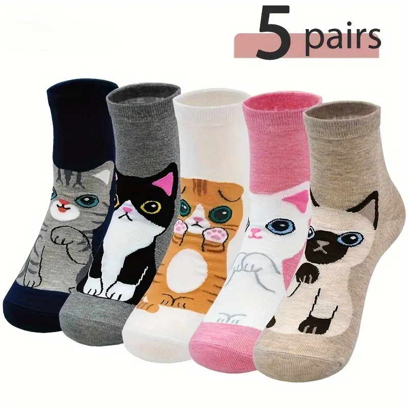 Women's Below the Ankle Socks, 5-Pair Cute Graphic Cat & Animal Paw Print, Soft Fluffy Polyester Knit, Mixed Color Casual Pack, Mixed Color Socks