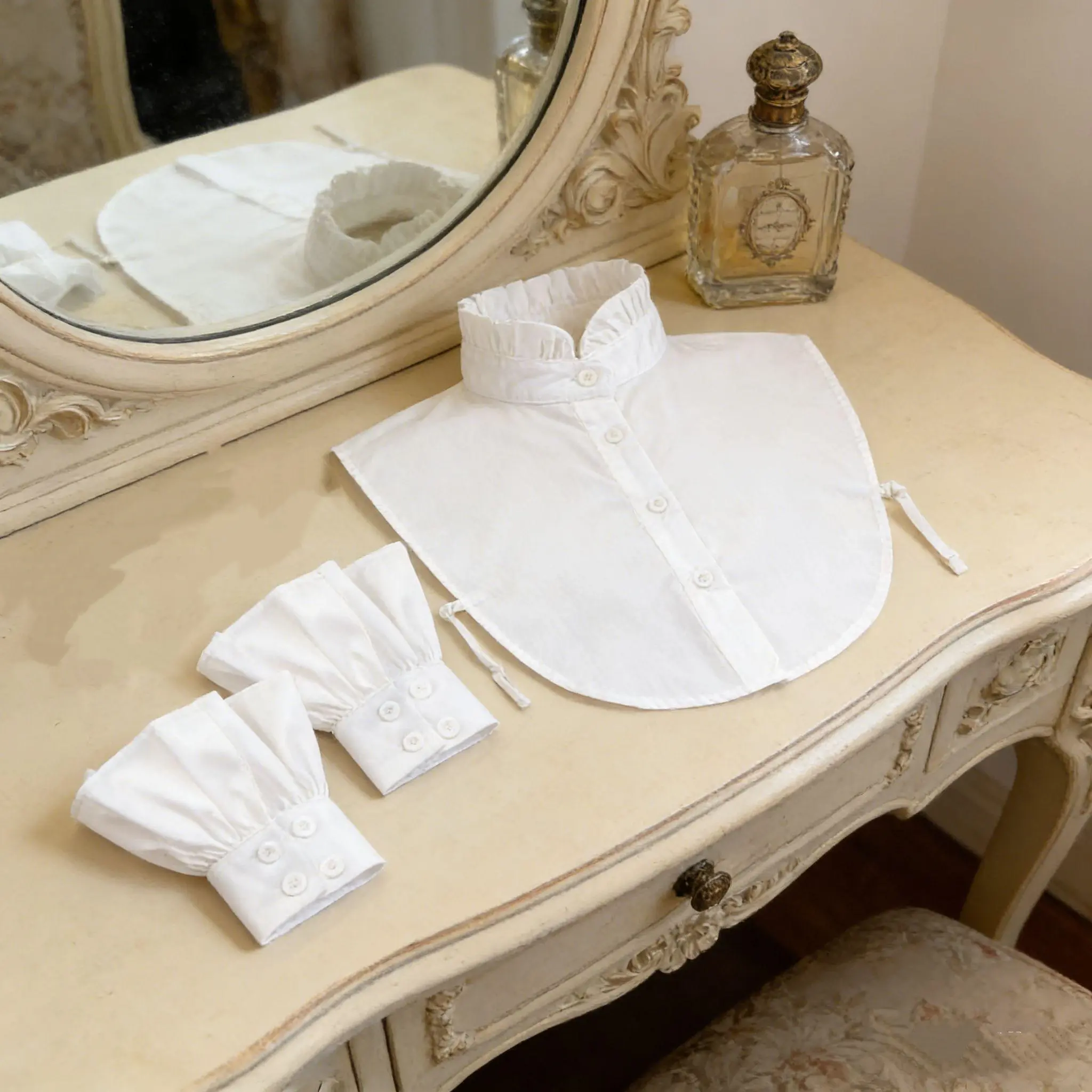 Styling Car Interior Decoration Accessory Set: 1 Pair Detachable French Shirt Wrist Cuffs, 1 White Detachable Dickey Collar for Suit Blouse Costume