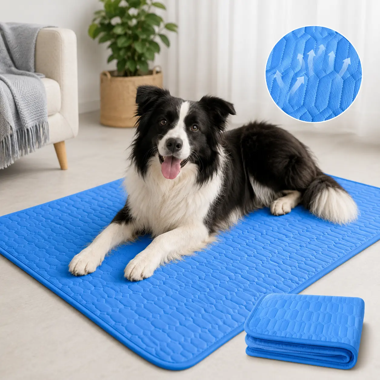 Dog Cooling Mat - Foldable Ice Silk Pet Pad for Dogs, Non-Slip Washable Summer Resting Accessory, Blue Calming Comfort Bed for Bedroom Use