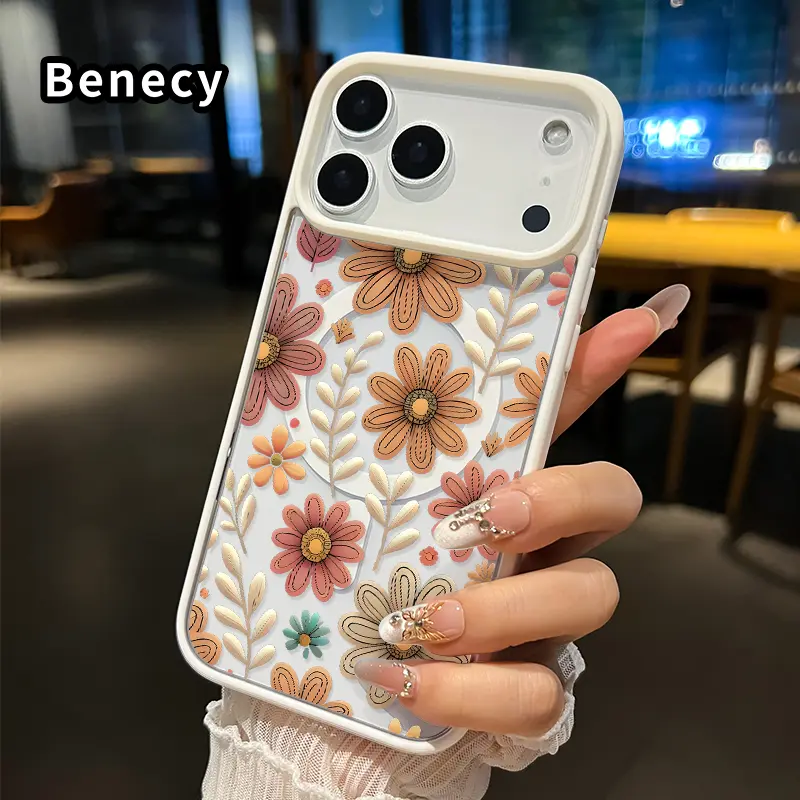 Magnetic Soft Smartphone Case for iPhone 17 Pro Max,16,15,14 Plus,13,12,11,Air,XR,X,XS - Transparent Acrylic Floral Pattern, Non-Yellowing, Anti-Drop Shockproof Silicone Cover, Fingerprint-Resistant, Supports Wireless Charging for Handheld Devices