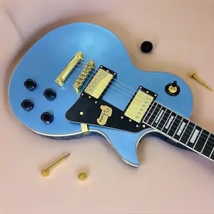 Metallic Blue Gloss Guitar Black Pickguard Block Fret Inlay Gold hardware