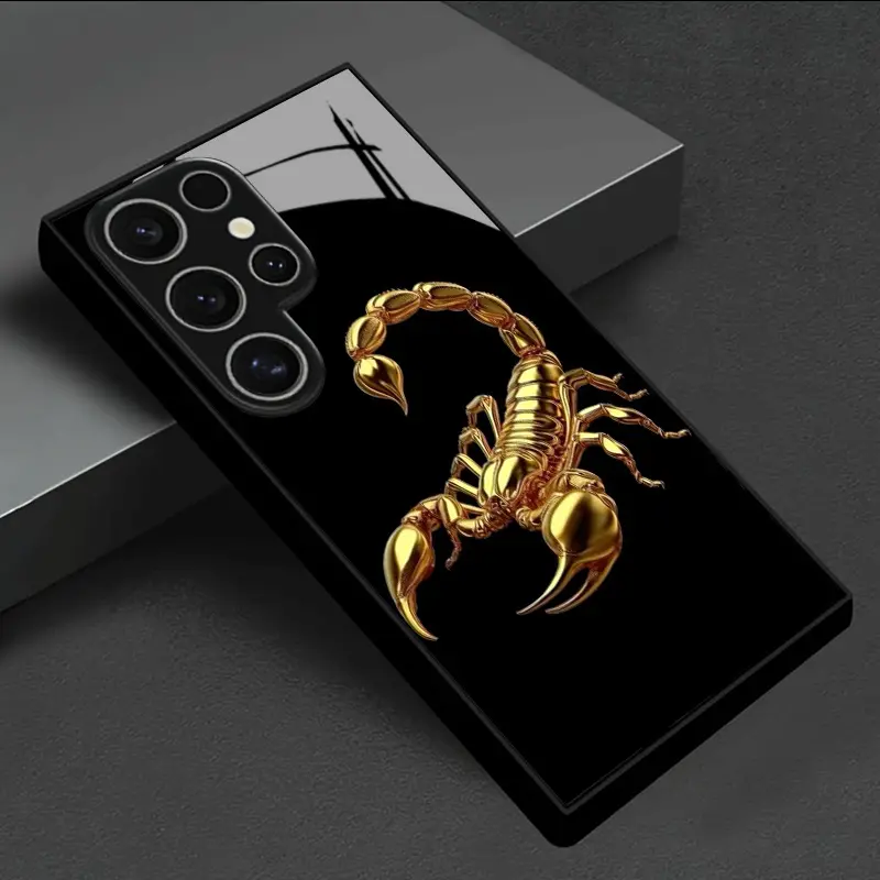 Golden Scorpion Sculpture Print Tempered Glass Smartphone Case - Elegant Minimalist Design, Shatterproof Protection, Camera Guard - Multi-Model Compatible with Samsung Galaxy S25,S24,S23FE,S22 Ultra Plus - No Redundant Phone Accessories