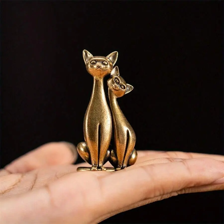 Vintage Brass-Copper 2pc Loving Pairs Cat Figurine Sculpture - Intertwined Decorative Metal Art, Multicolor Brass Rat Good Luck Charm, Shelf Decor for Home Office Desk Bathroom, Easter Indoor Statue